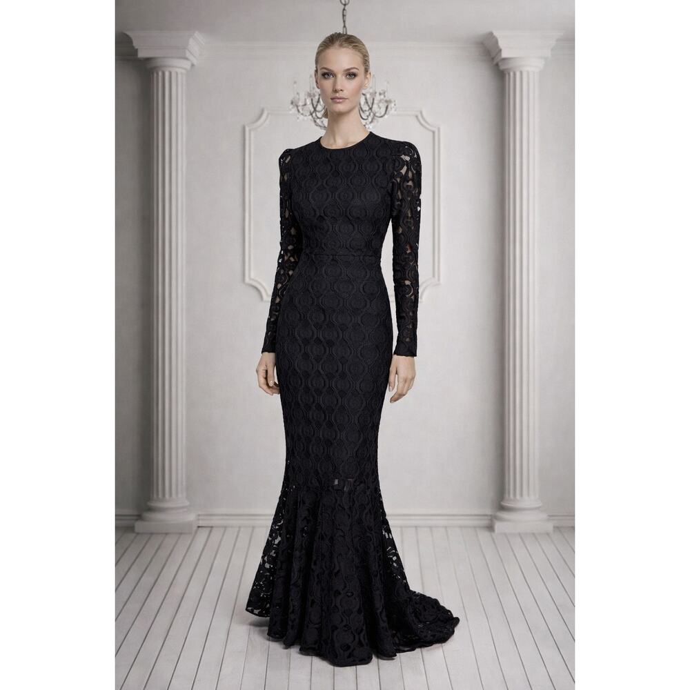 🖤 Elegant Black Lace Long Sleeve Evening Dress – Dramatic Mermaid Silhouette 🖤